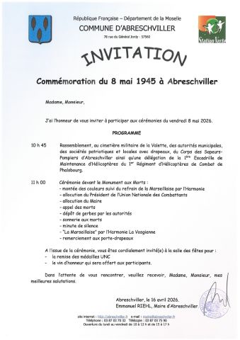 Invitation commémoration 8 mai 1945
